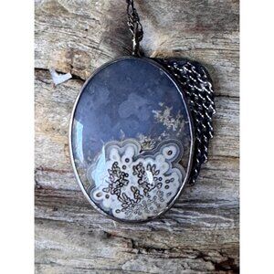 Dendritic Agate Sterling Silver Pendant Necklace 20G Mid Century